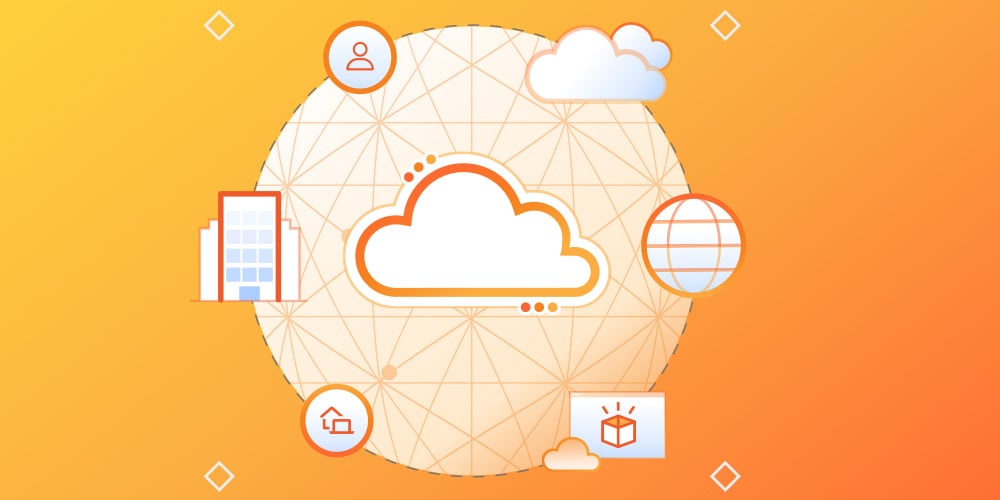 Illustration of a cloud icon surrounded by network and service icons on an orange background.