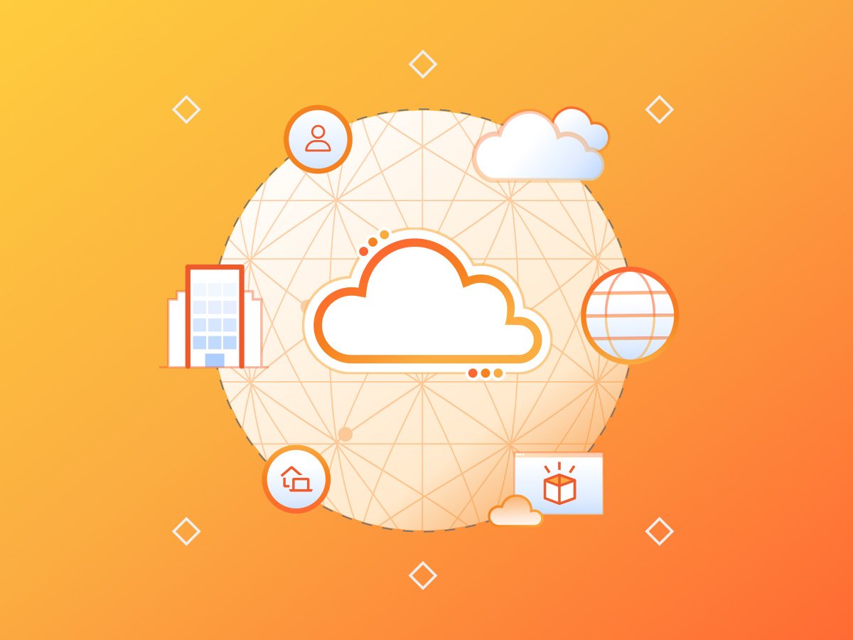 Illustration of a cloud icon surrounded by network and service icons on an orange background.