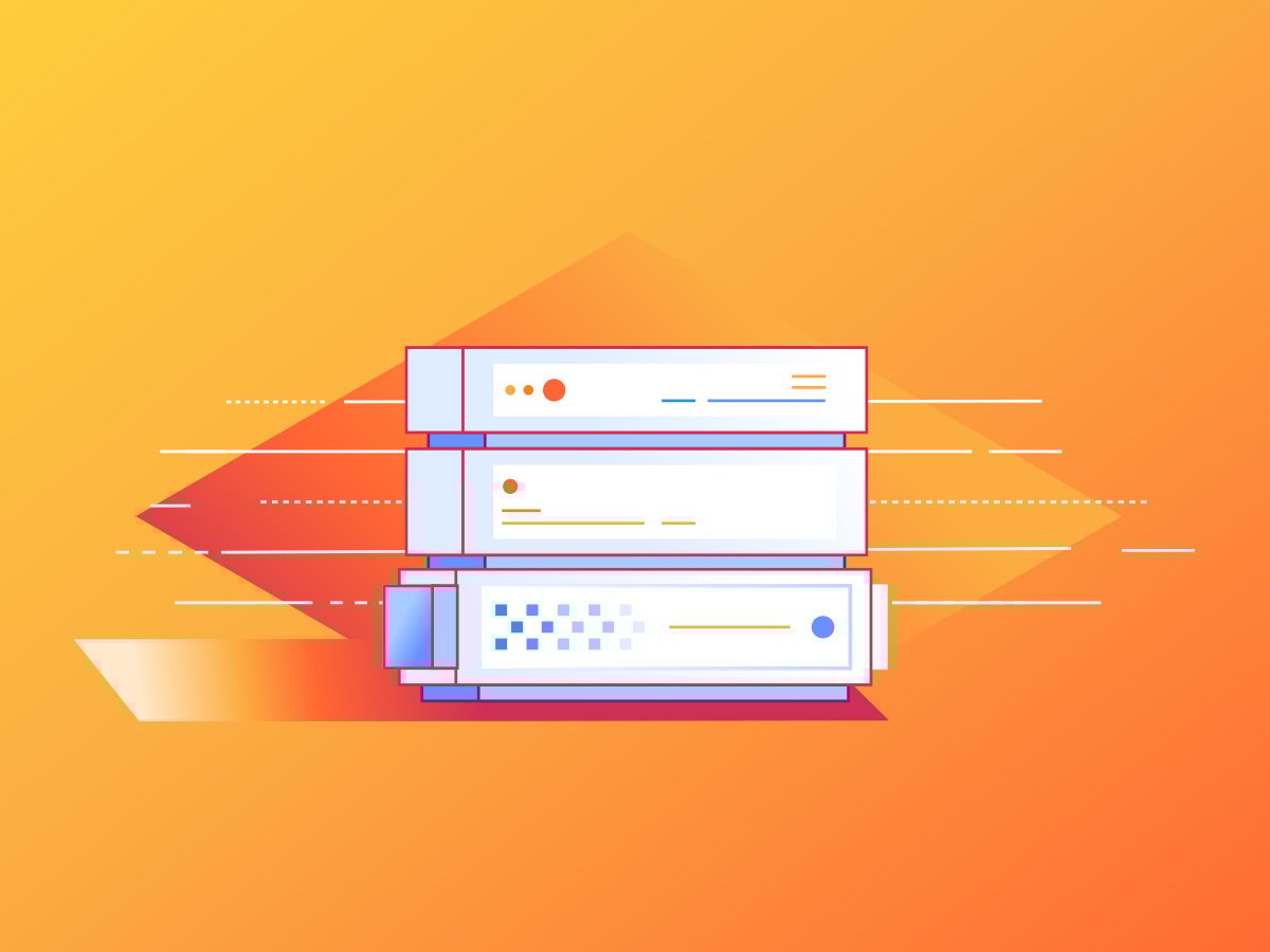 Illustration of stacked server units with speed lines on an orange background.