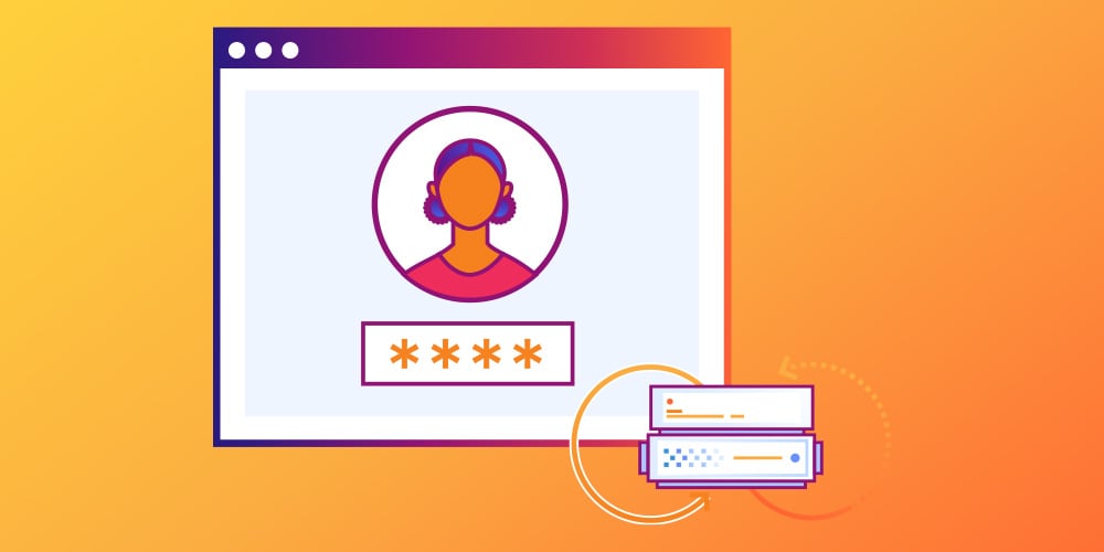 Illustration of a login screen with a user avatar and password field on an orange background.