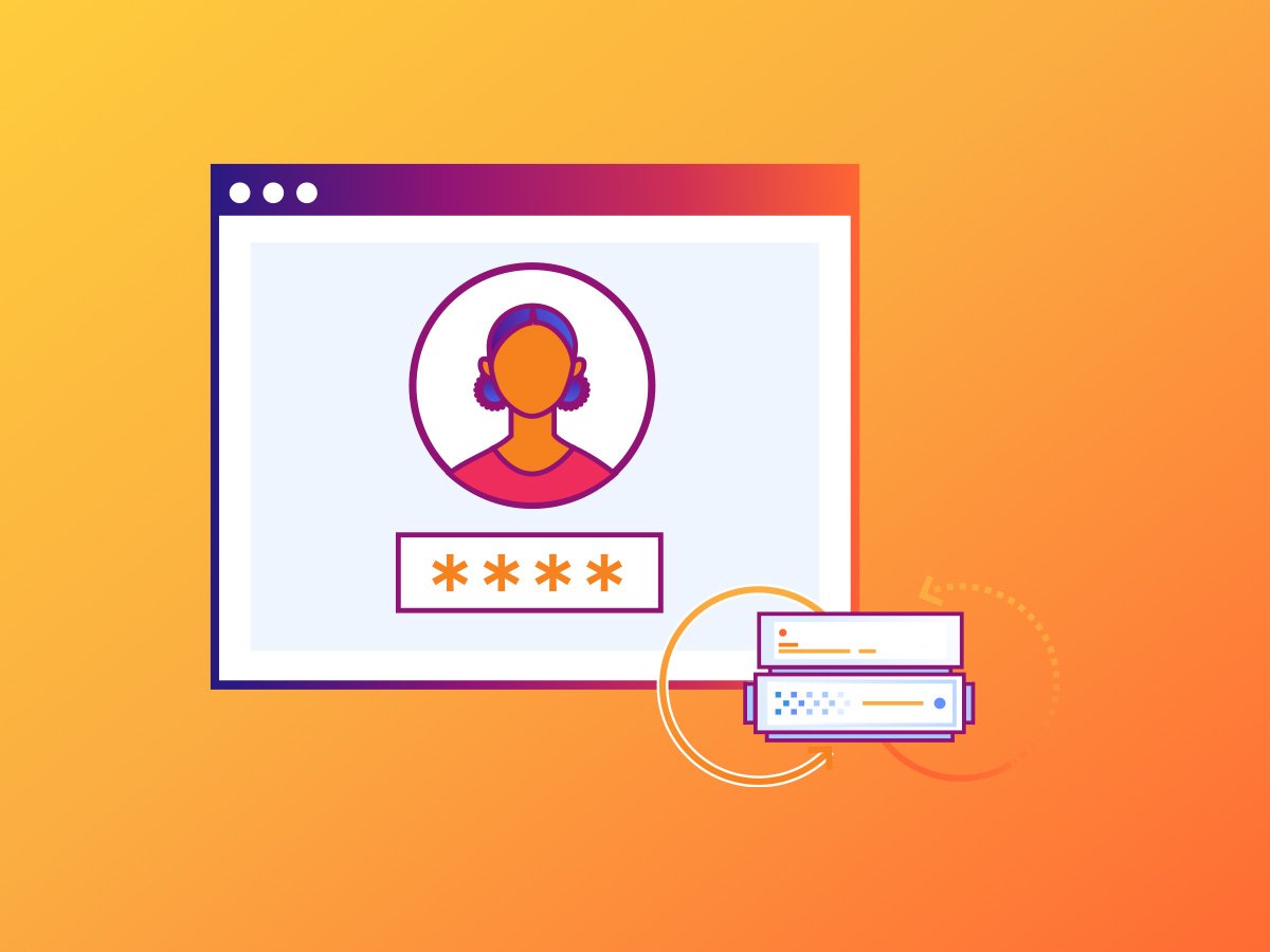 Illustration of a login screen with a user avatar and password field on an orange background.