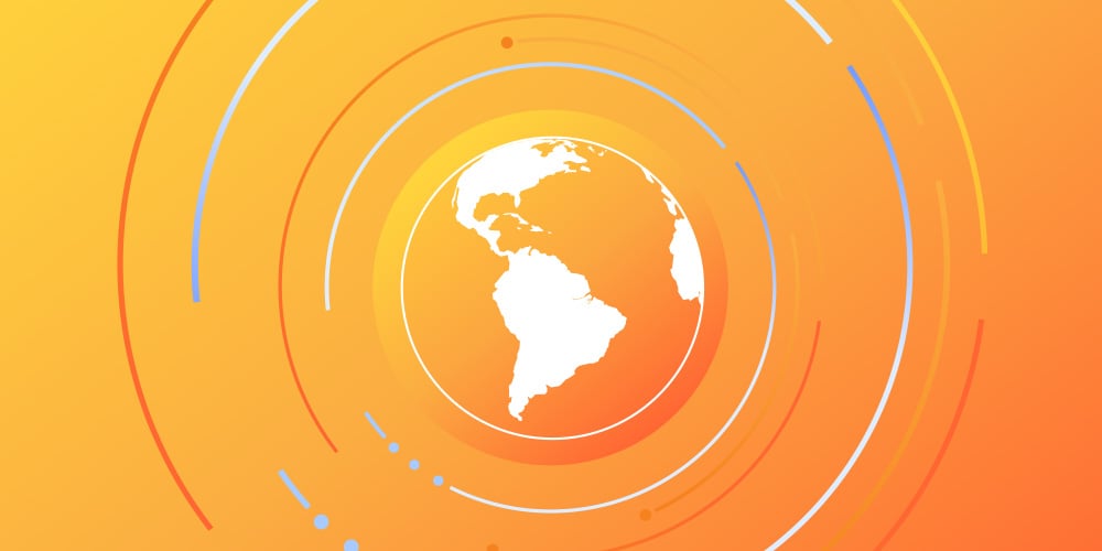 Illustration of a globe with circular lines radiating outward on an orange background.