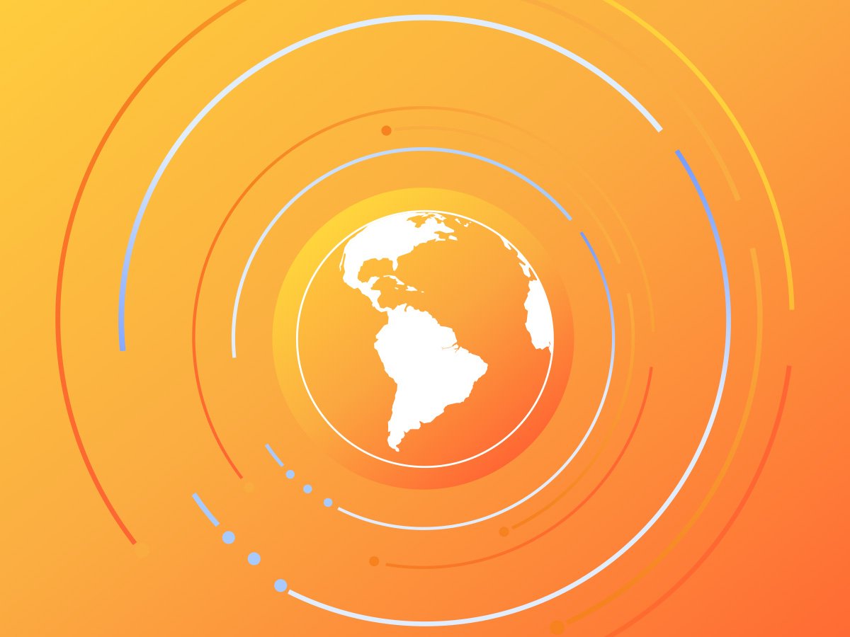 Illustration of a globe with circular lines radiating outward on an orange background.