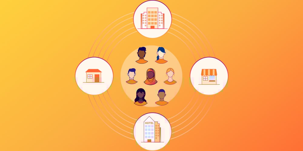 Illustration showing diverse avatars connected to icons of buildings and shops on an orange background.
