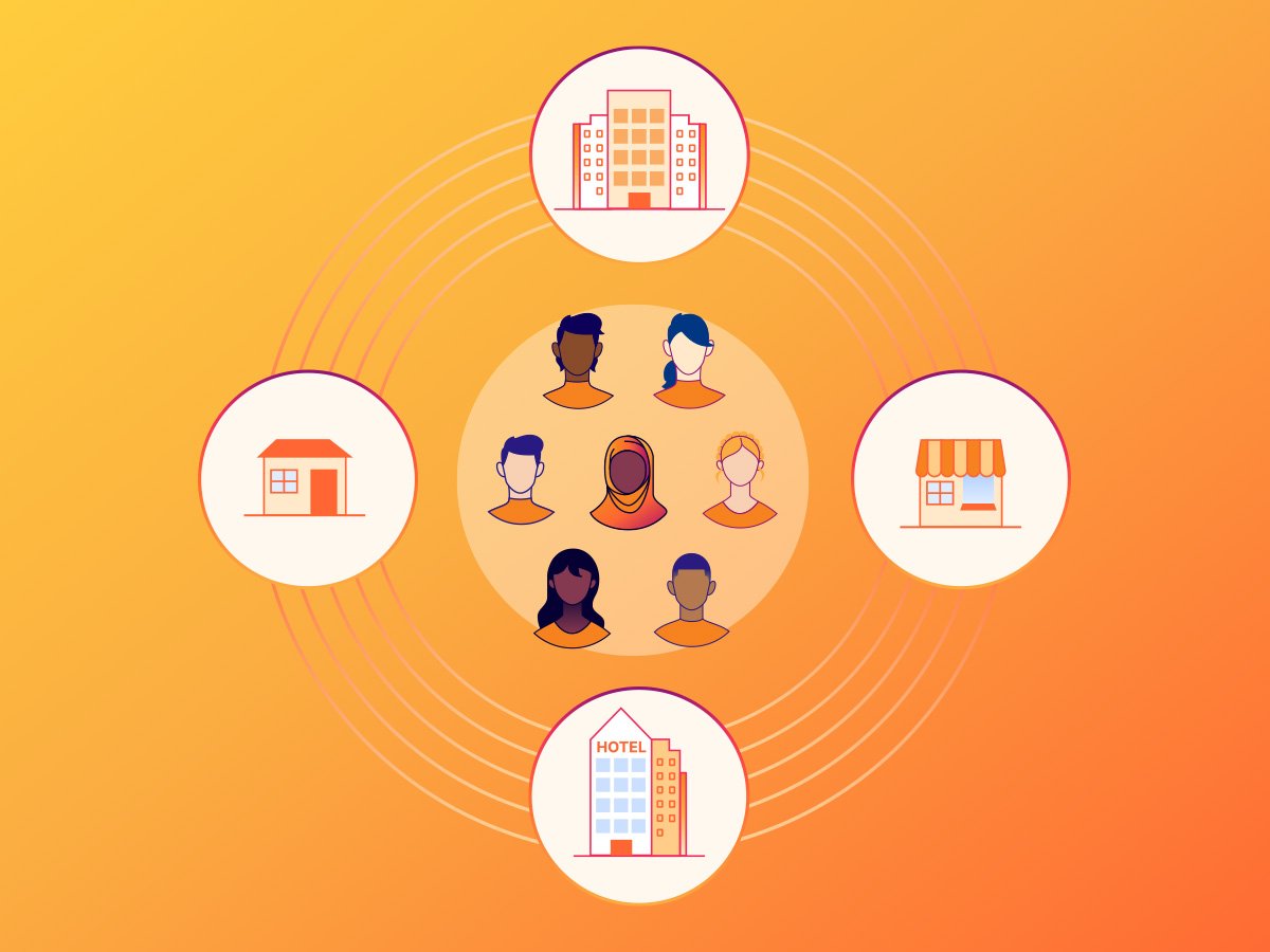 Illustration showing diverse avatars connected to icons of buildings and shops on an orange background.