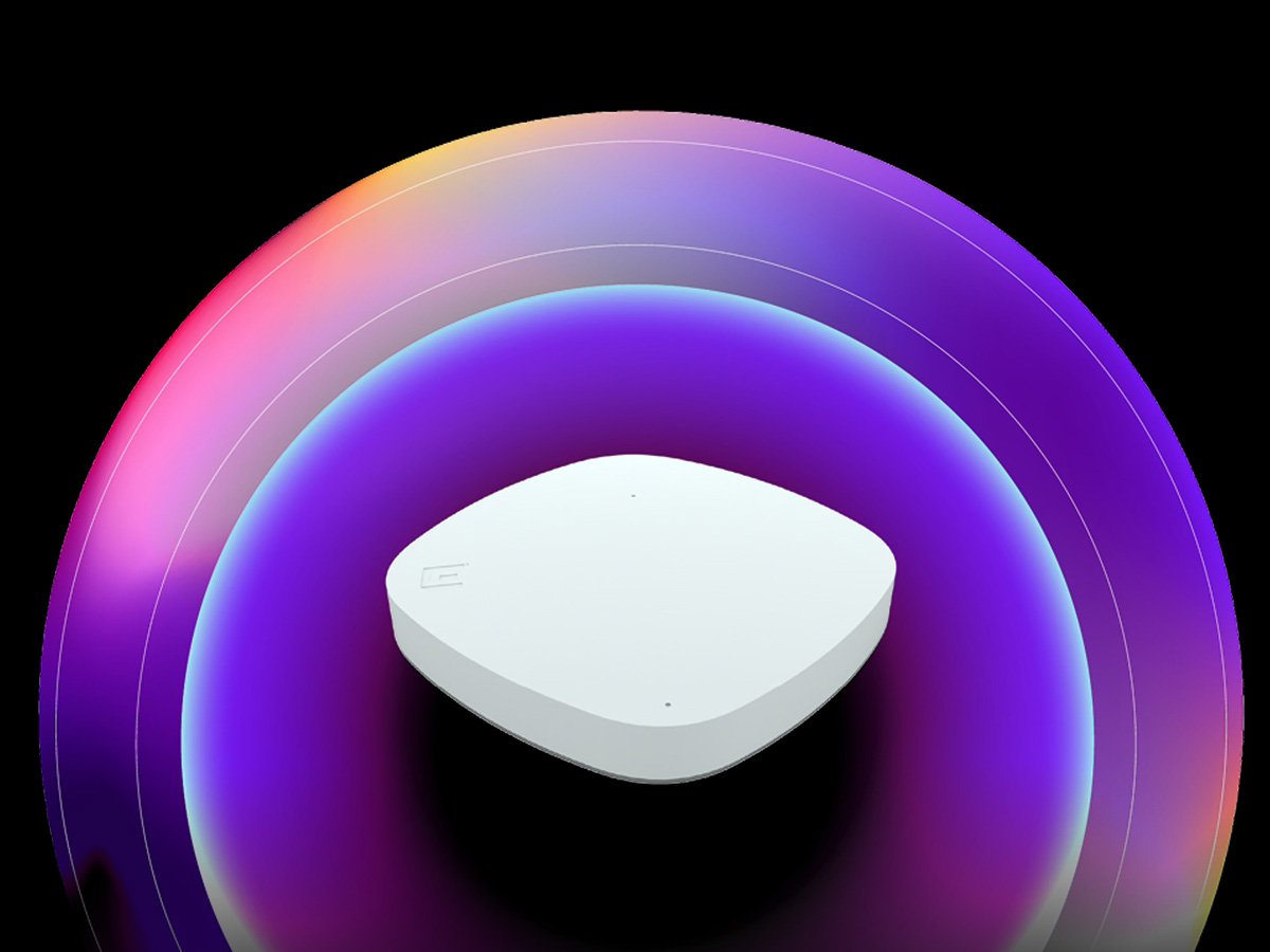 White wireless access point shown in a studio setting with layered gradient arcs representing network coverage.
