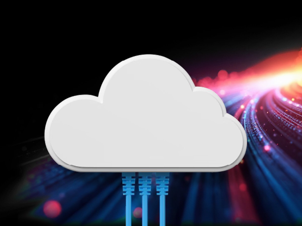 Cloud icon connected to network cables with colorful data light trails in the background.
