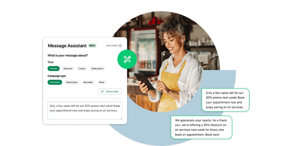 Small business owner using a tablet with an on-screen message assistant interface showing promotional text.