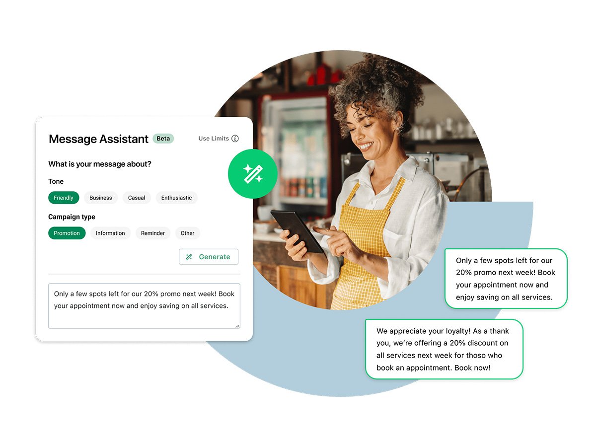 Small business owner using a tablet with an on-screen message assistant interface showing promotional text.