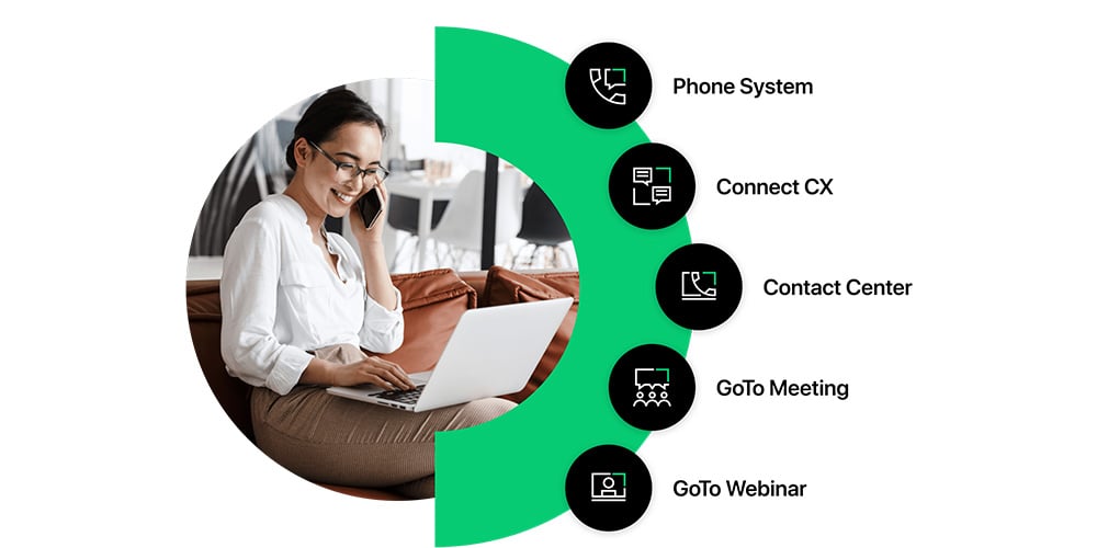 Remote worker using a laptop at home alongside icons representing communication and meeting tools.