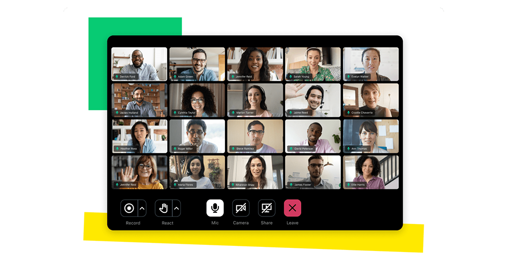 Grid view of a video meeting with multiple participants and call controls visible.