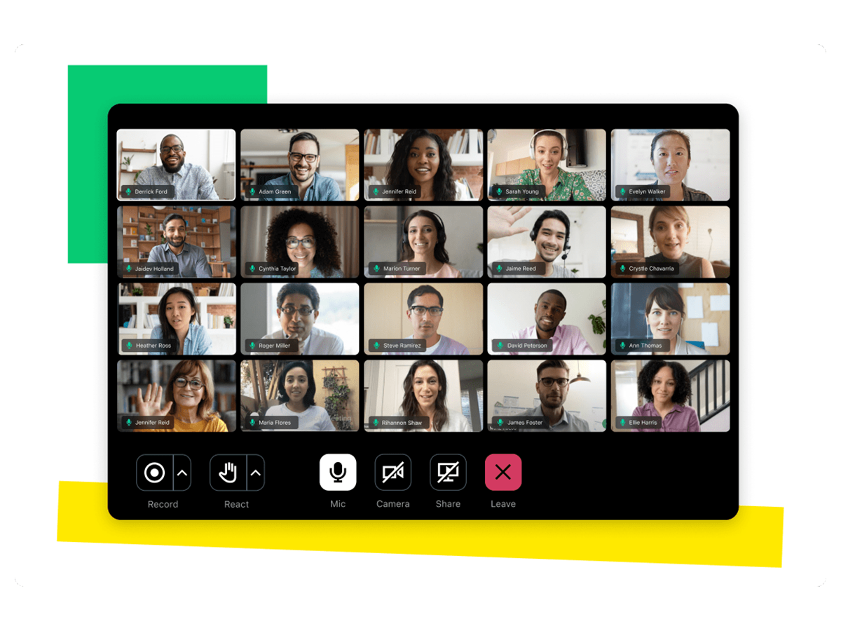 Grid view of a video meeting with multiple participants and call controls visible.
