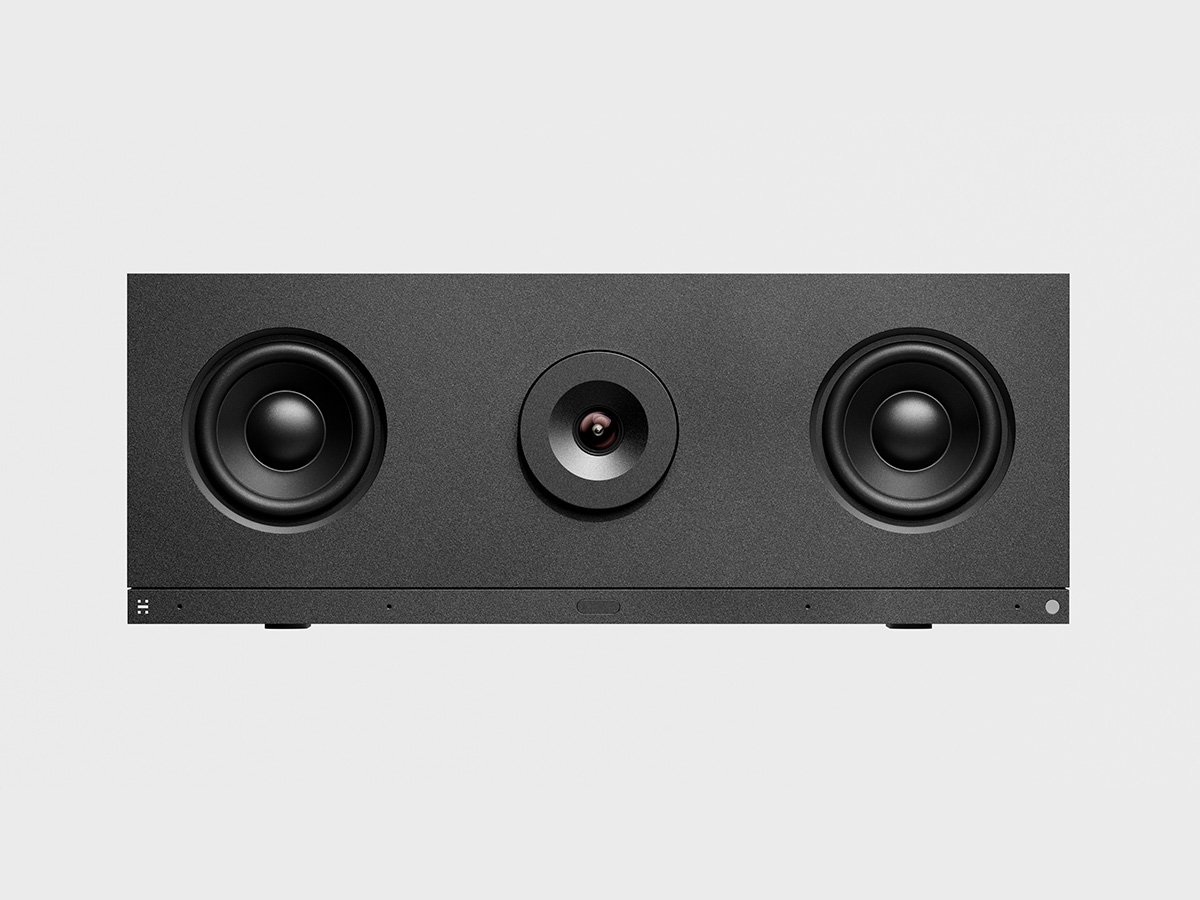 Wide rectangular conference device with two speakers and a central camera lens.