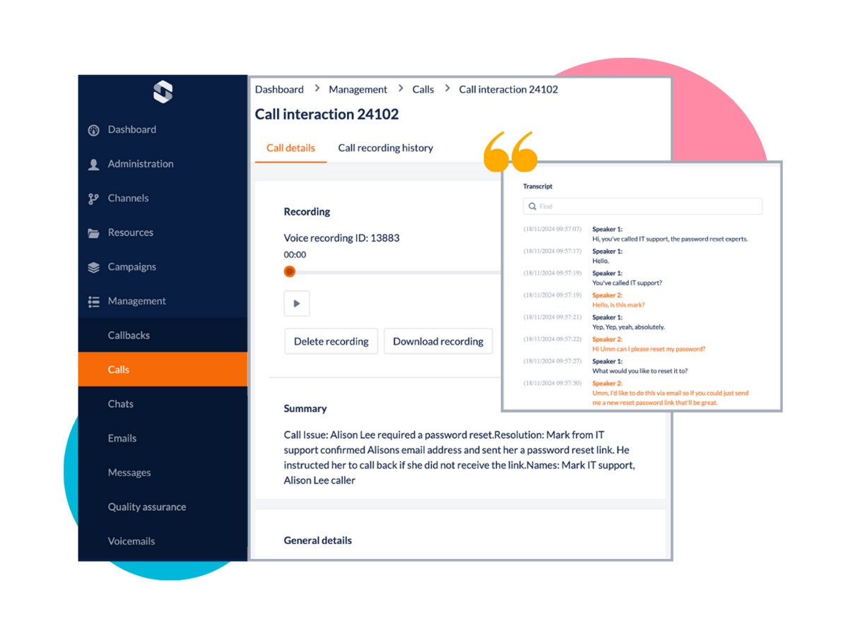 Call management dashboard showing call details, recording controls, summary, and chat transcript.