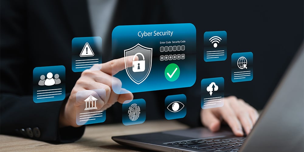 Hand interacting with a virtual cybersecurity dashboard showing a lock icon and security status indicators.