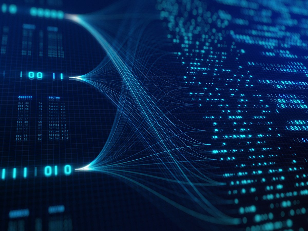 Abstract blue data streams and binary patterns representing digital information flow.