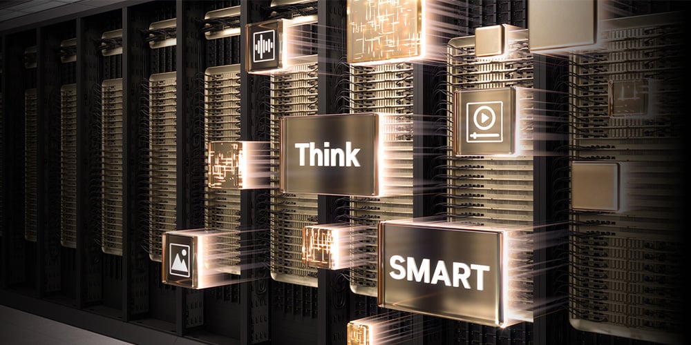 Floating icons reading “Think Smart” in front of a wall of server hardware.