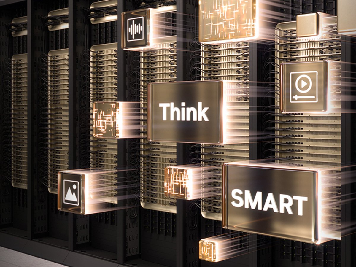 Floating icons reading “Think Smart” in front of a wall of server hardware.