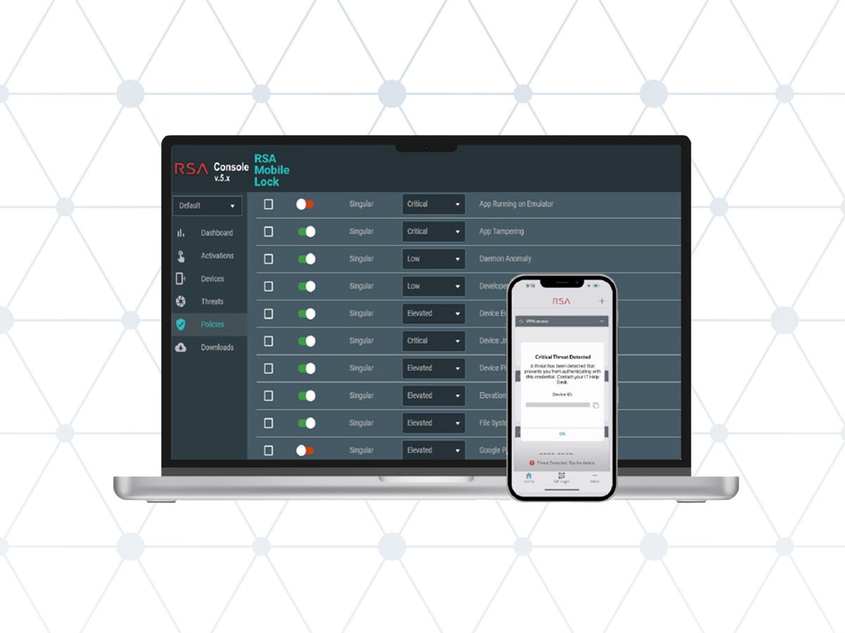 Laptop and smartphone displaying the RSA Console and RSA Mobile Lock interface with security policies and alerts.