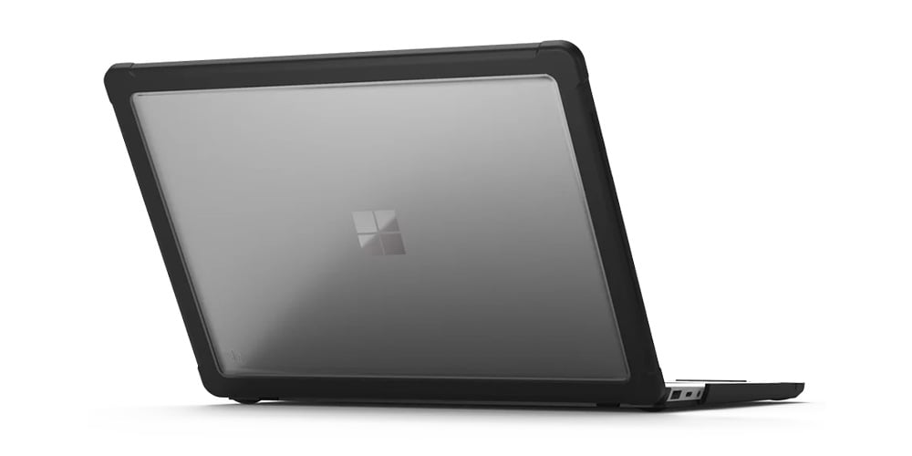 Laptop with a protective case partially open on a white background.