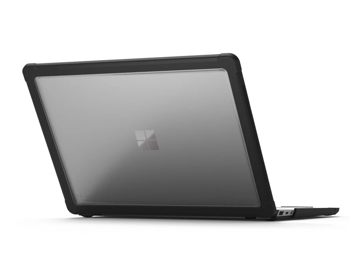 Laptop with a protective case partially open on a white background.