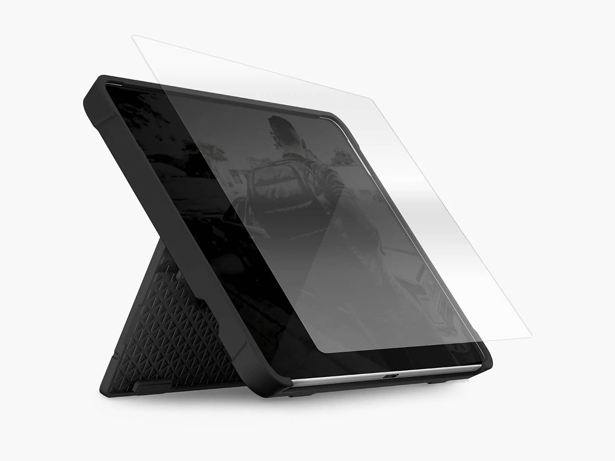 Tablet with a rugged case and screen protector on a stand.