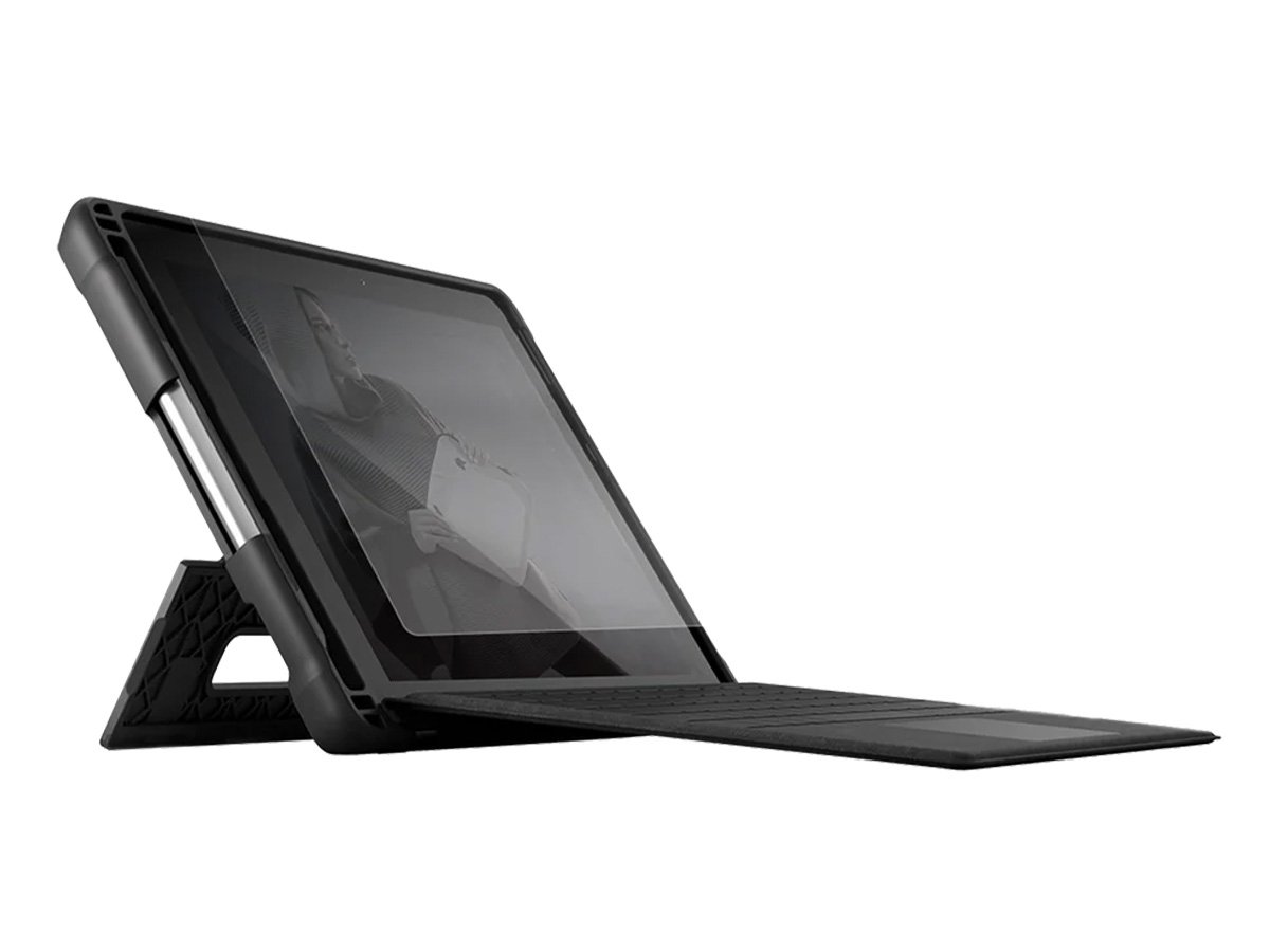 Tablet with keyboard and rugged case in a standing position.