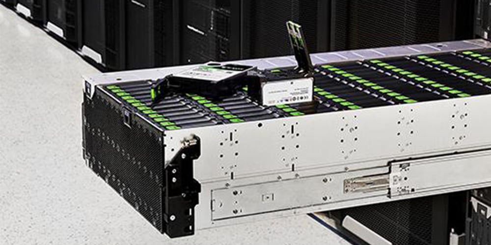 High‑capacity storage unit with multiple drive bays installed in a data centre environment.