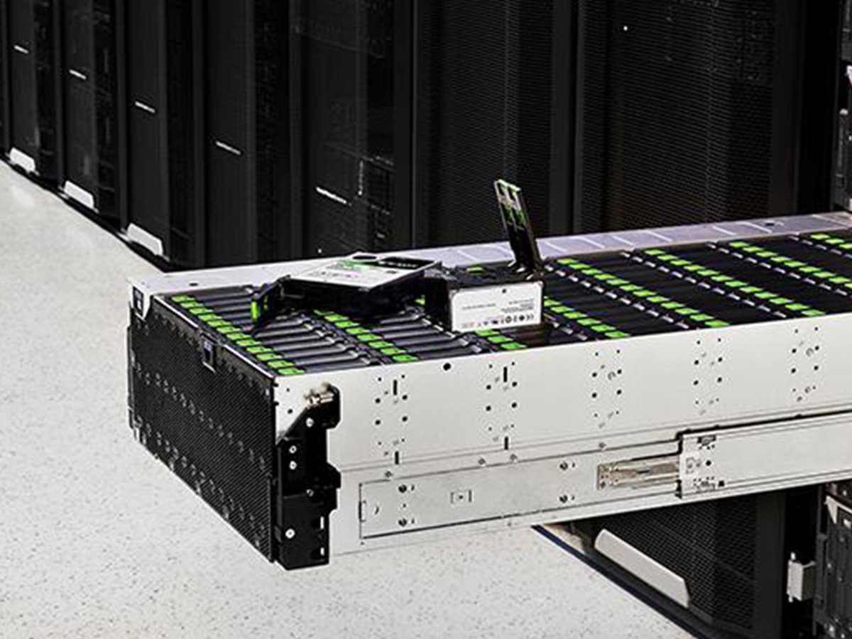 High‑capacity storage unit with multiple drive bays installed in a data centre environment.