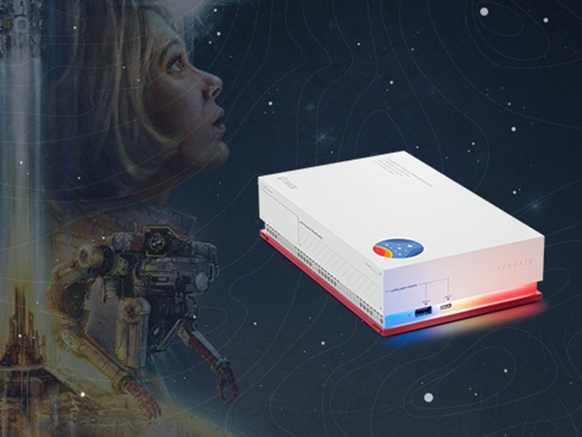 Compact white edge computing device connected via cables, displayed against a futuristic technical background.