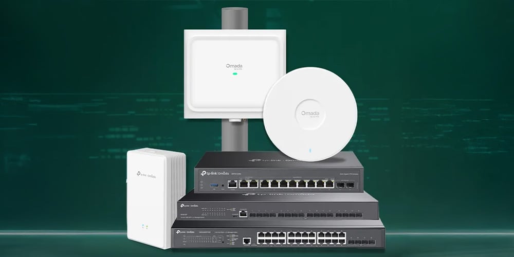 TP‑Link Omada access points and network switches stacked together on a green background.