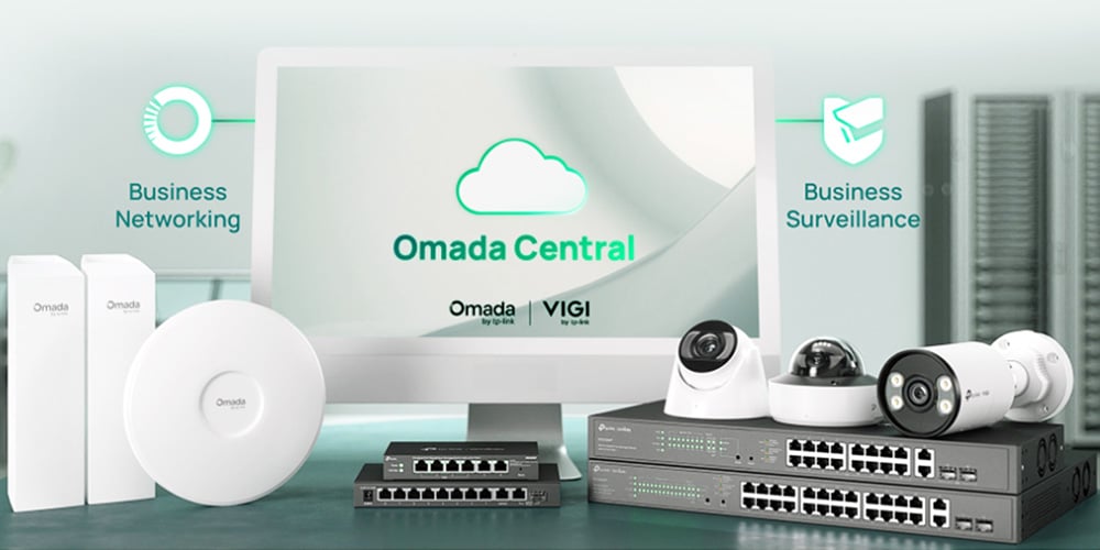 TP‑Link Omada Central screen shown with access points, surveillance cameras, and switches.
