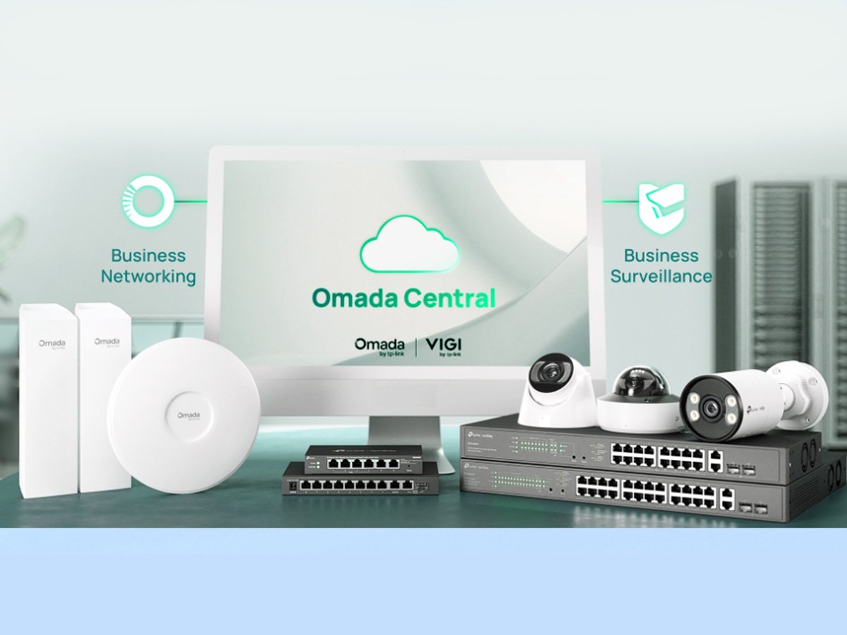 TP‑Link Omada Central screen shown with access points, surveillance cameras, and switches.