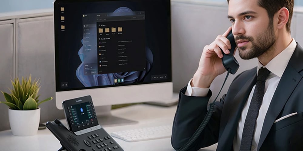 Business professional speaking on a desk phone at a modern workstation with a computer, keyboard, and office plant.