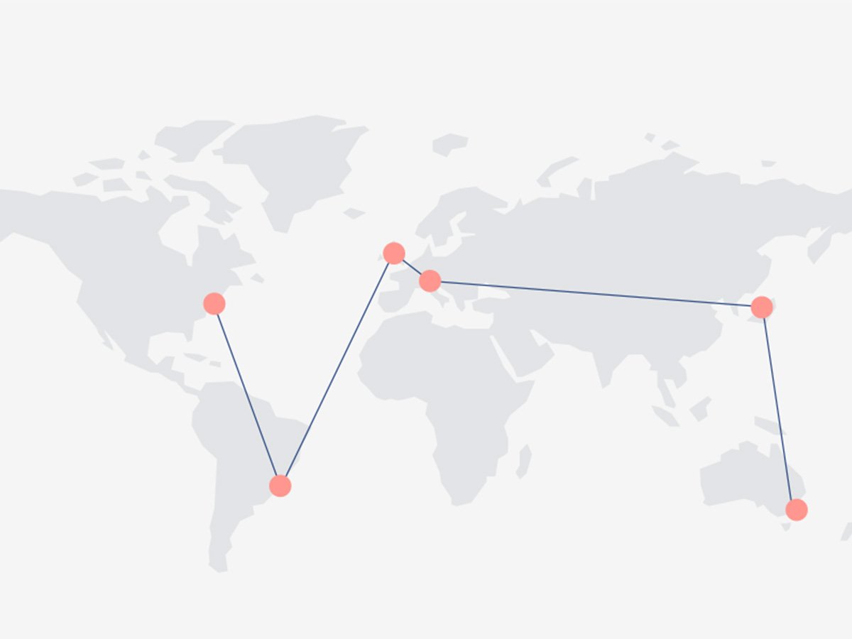 World map with blue lines connecting six red dots across continents, indicating a flight path or journey from South America to Australia.