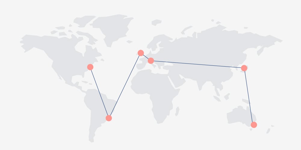 World map with a blue line connecting six red dots, indicating travel points across continents in a zigzag pattern, conveying global journeying.