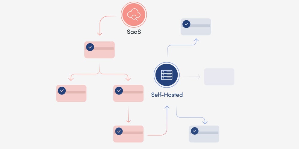 Flowchart depicting SaaS and Self-Hosted models. SaaS is pink with three steps, Self-Hosted is blue with two steps. Checkmarks indicate progress.