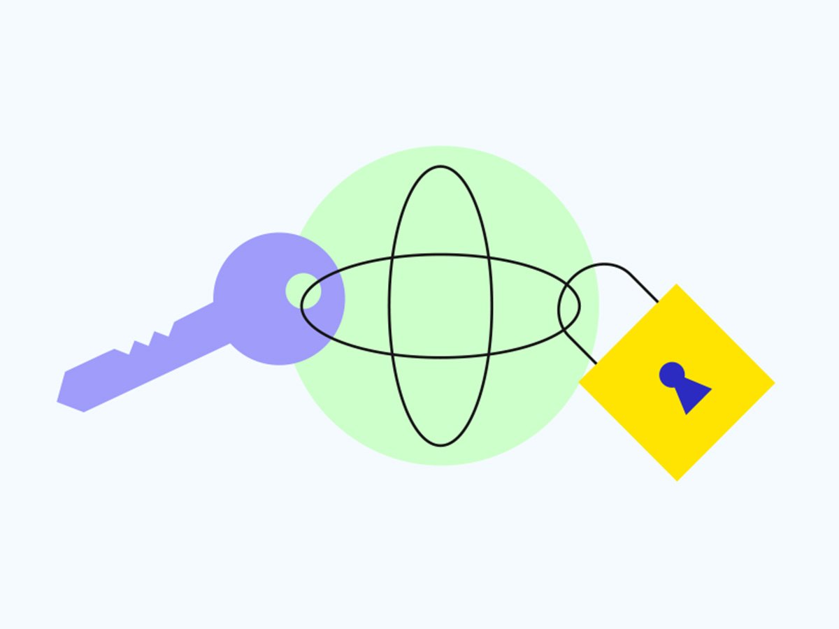 Abstract illustration of a purple key, a yellow lock, and black oval lines overlapping a green circle, symbolizing security and connectivity.