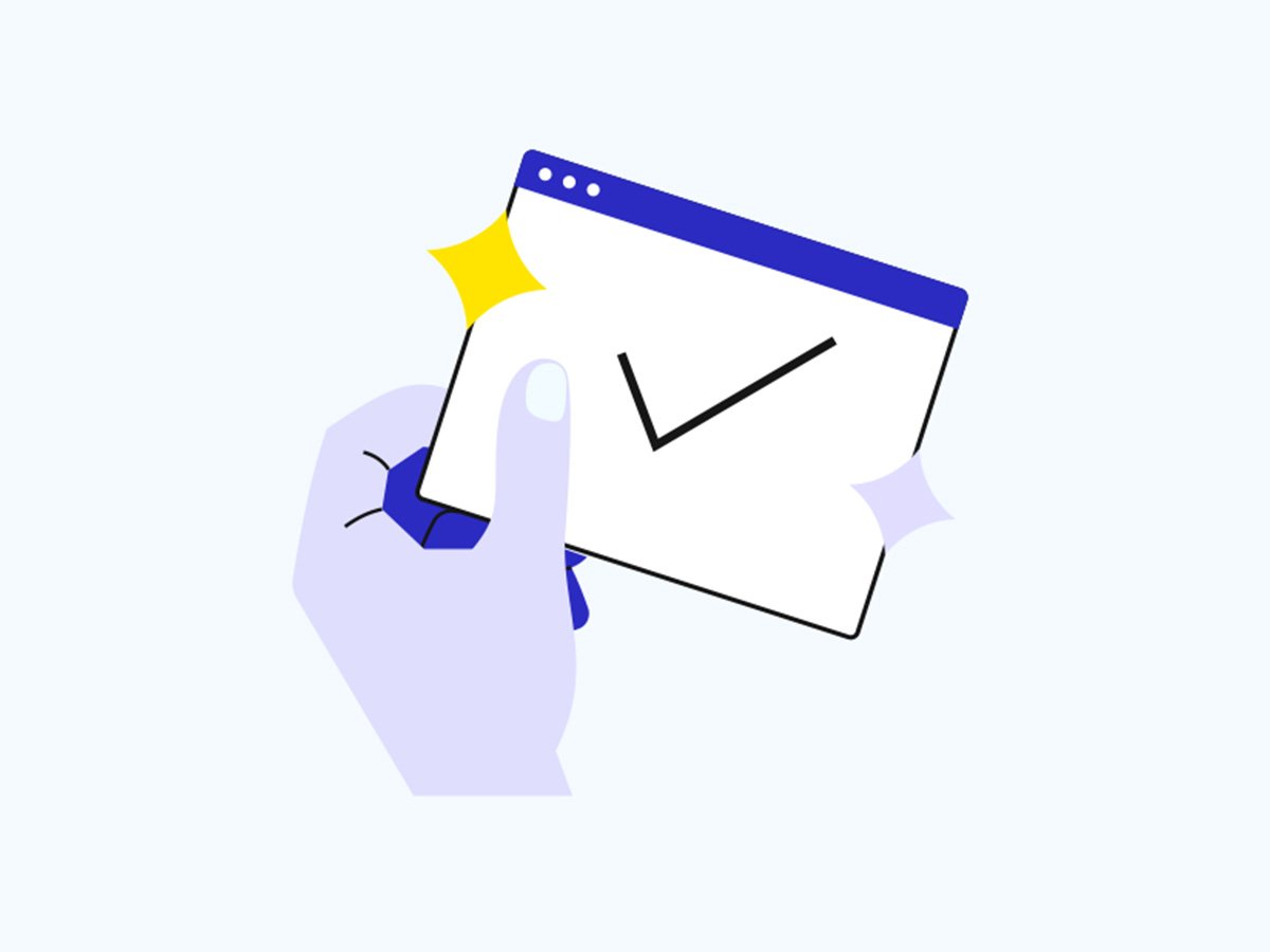 A purple hand holds a stylized web browser window with a dark checkmark, symbolizing success or completion. Yellow and purple accents add a cheerful tone.
