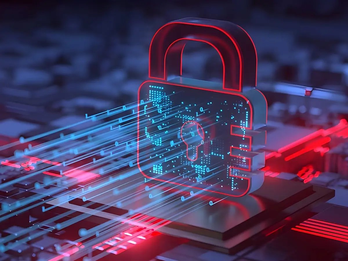 A digital representation of a padlock surrounded by circuit patterns and blue streaks of light, symbolizing data security and encryption in a technological setting.