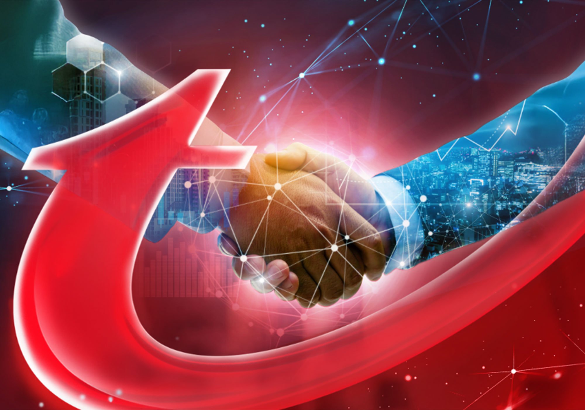 A glowing handshake overlays a digital cityscape with network lines, hexagons, and a large red arrow, symbolizing technology and partnership.
