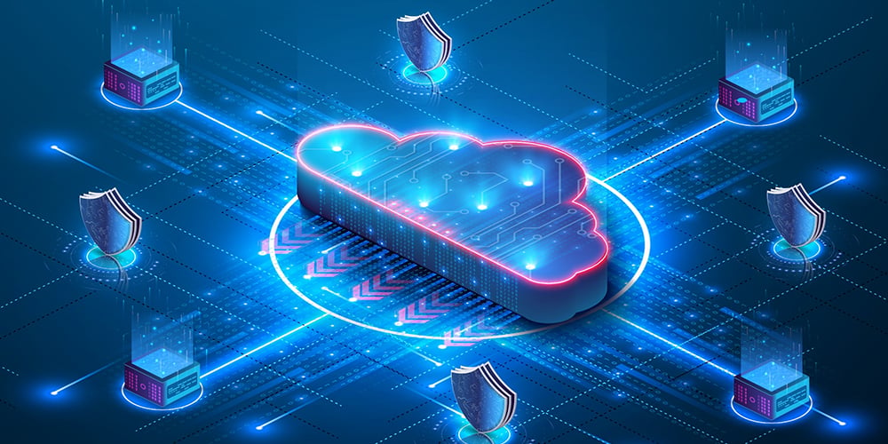Digital illustration of a glowing cloud icon connected to servers and shield icons, representing cloud computing and cybersecurity.