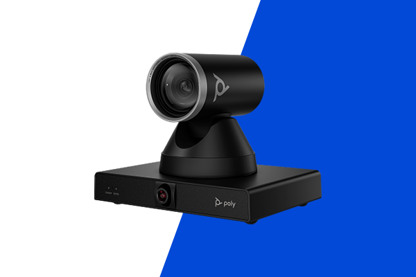 Conference camera on a base with a motorised lens for room video calls.