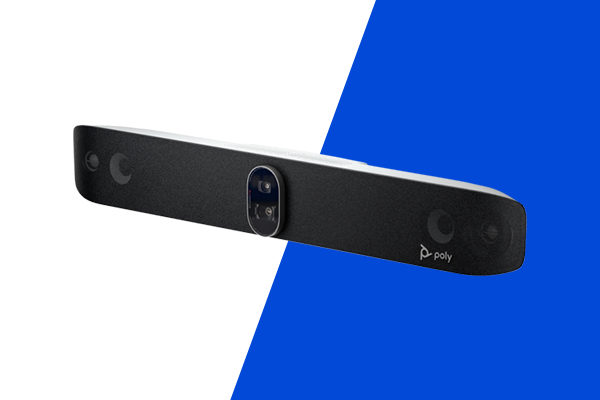 Wide video conferencing camera bar with built-in speakers and central camera.