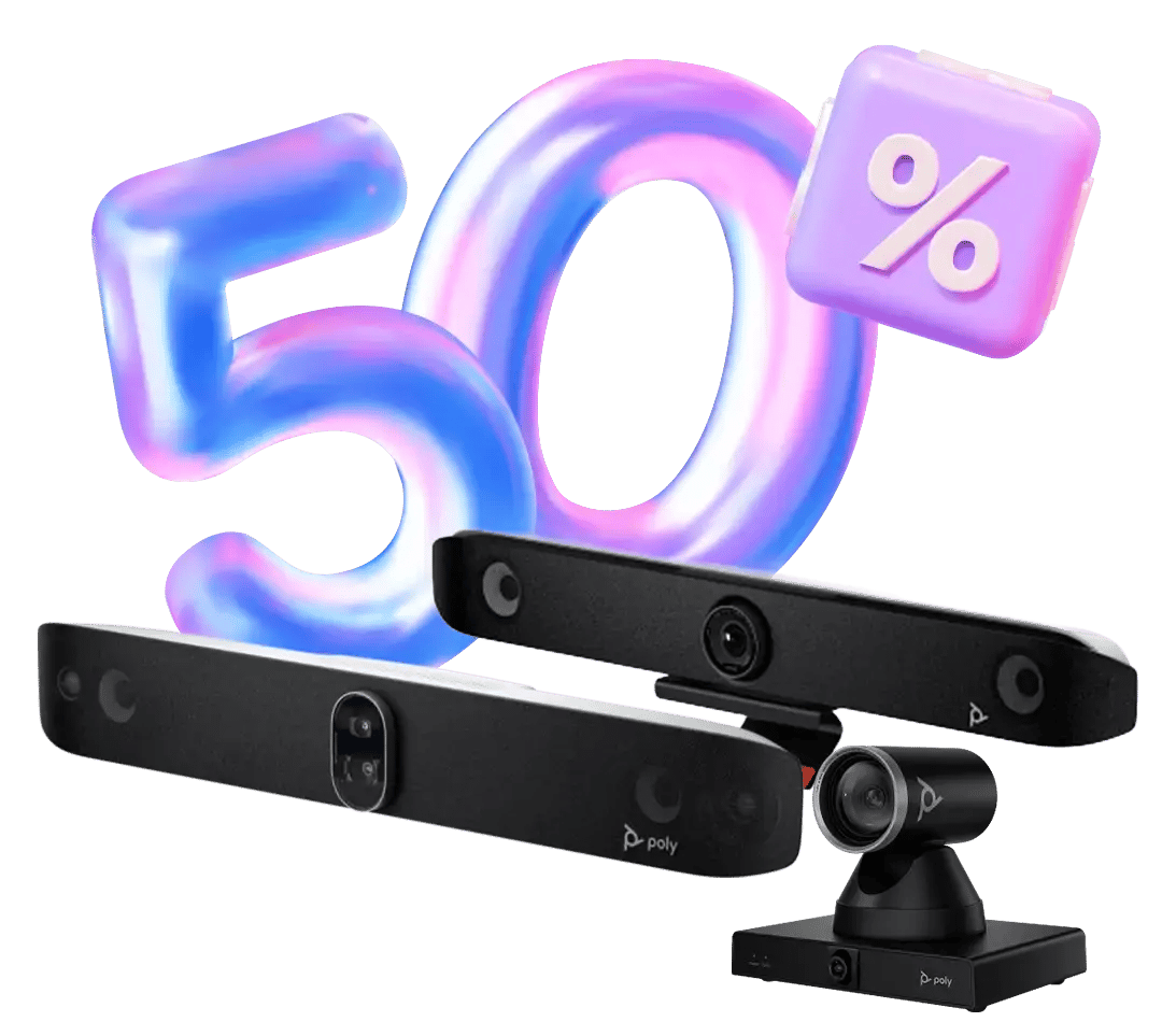 Selection of video conferencing cameras displayed with a large ‘50%’ promotional graphic.