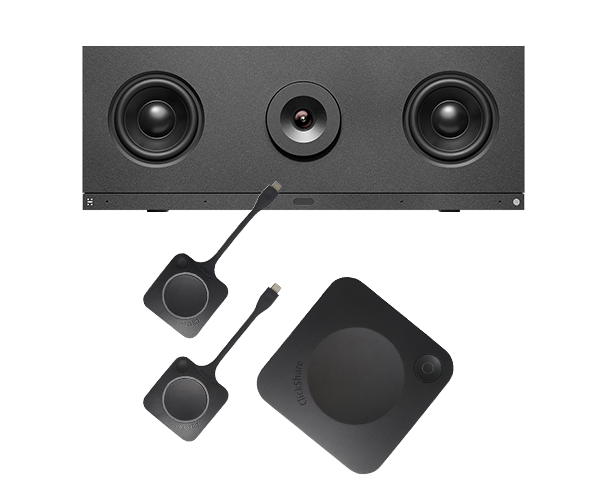 A black speaker bar with three circular components, two wireless HDMI transmitters, and a square receiver device.