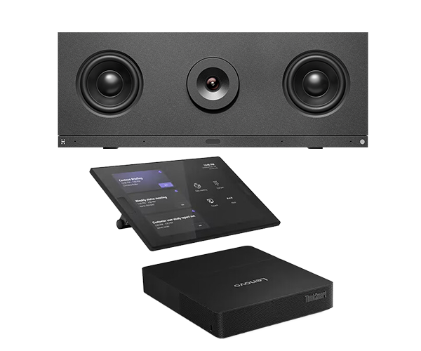 A black speaker bar with three circular components, a touchscreen control panel displaying a meeting interface, and a Lenovo ThinkSmart device.