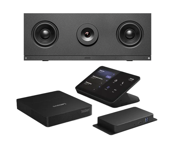 A black speaker bar with three circular components, a touchscreen control panel showing a meeting interface, a Lenovo ThinkSmart device, and an additional rectangular hub.