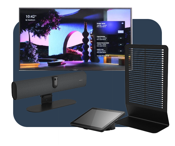 A tech bundle featuring a flat-screen TV displaying a colorful interface, a black soundbar with a stand, a touchscreen control panel, and a black vented stand.