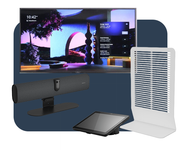 A tech bundle featuring a flat-screen TV displaying a colorful interface, a black soundbar with a stand, a touchscreen control panel, and a white vented stand.